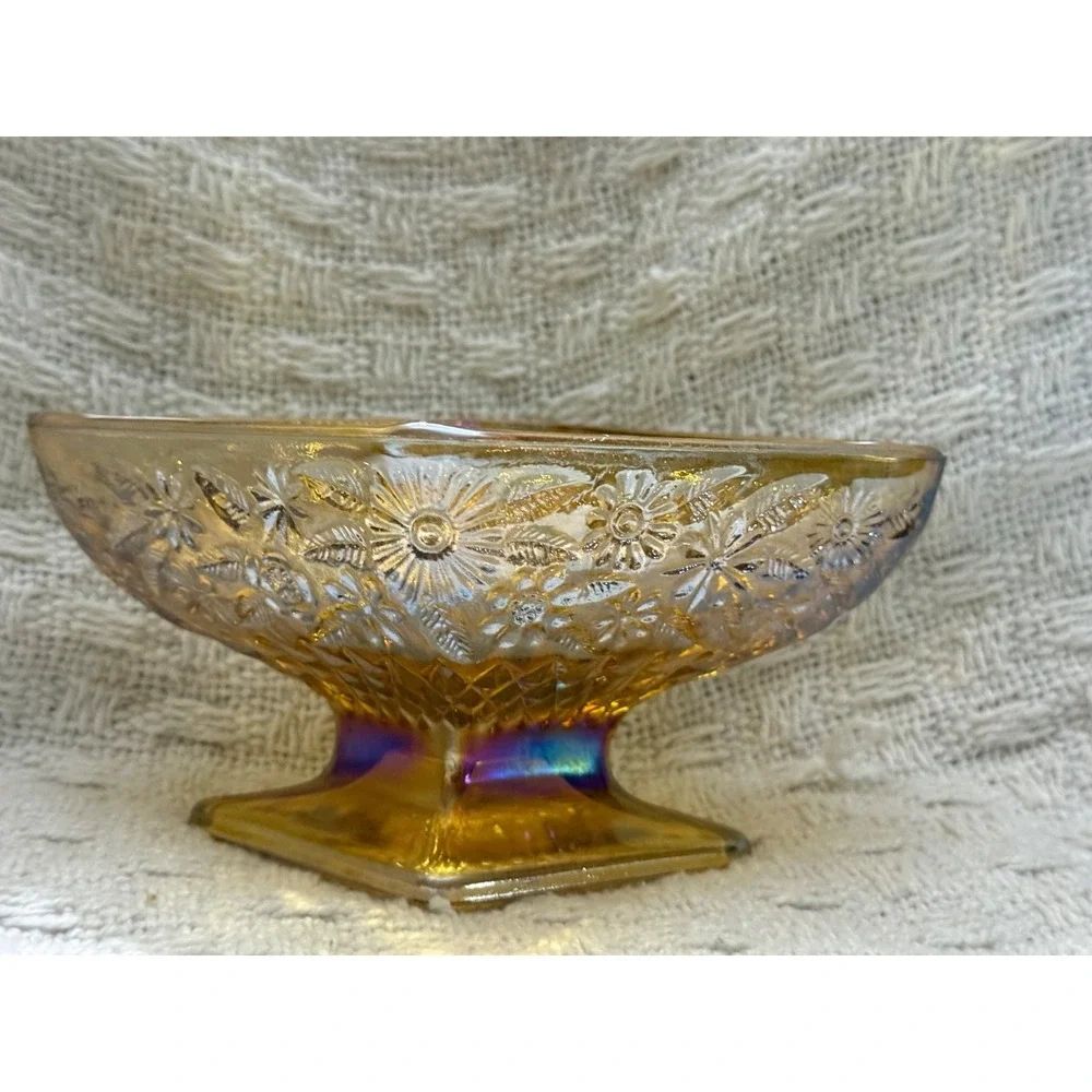 Vintage amber Marigold Carnival Glass  Footed Candy Dish 3x6.5in
